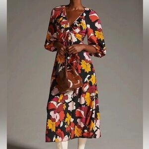 Anthropologie Maeve Deep V Ruched Midi Floral Dress Black Size 8